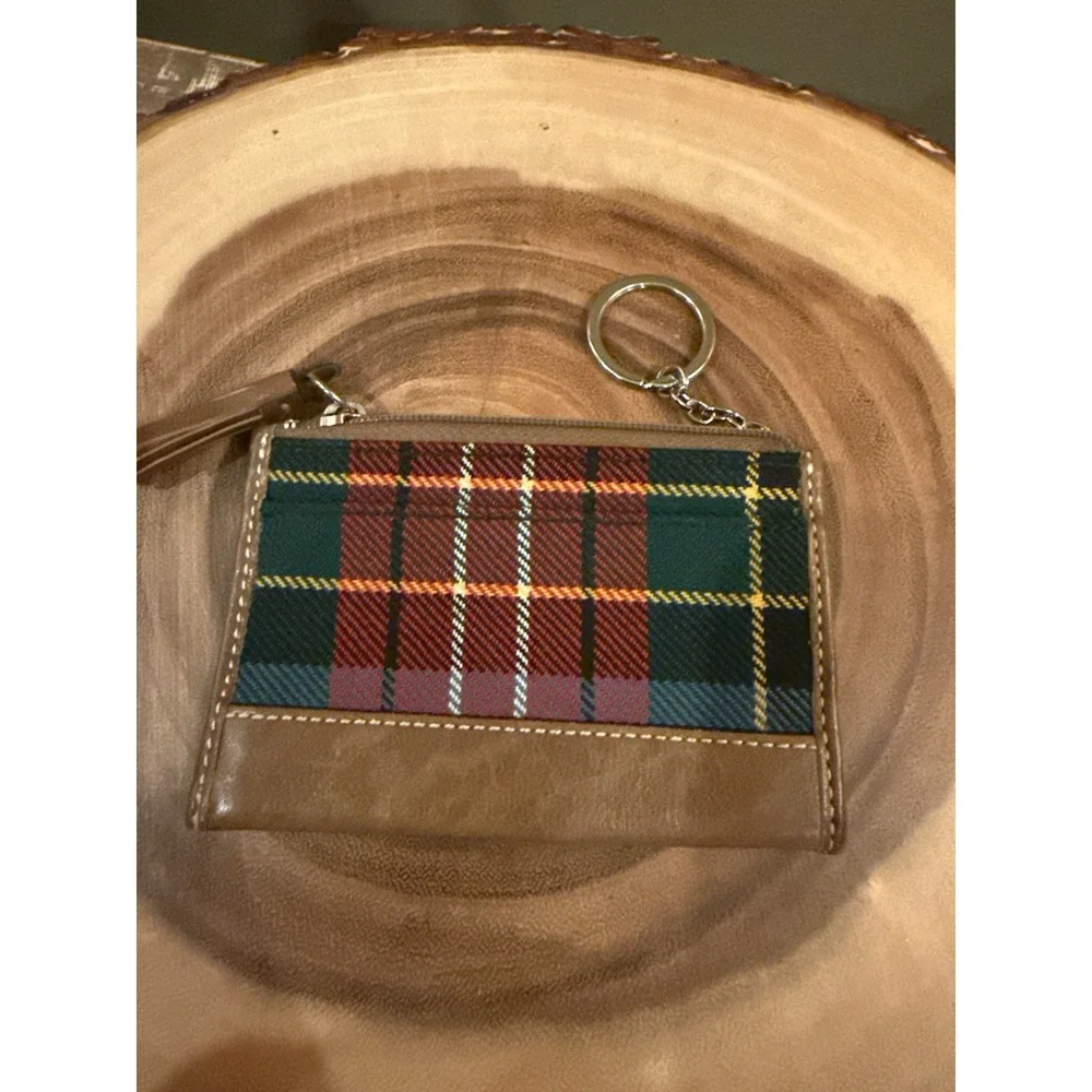 Coach Y2K Holiday Mini Wool Tartan Plaid Zip Card Case Keychain Brown Leather